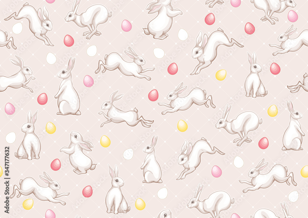 Seamless pattern with a white hares, colored eggs for easter. Colored vector illustration. In art nouveau style, vintage, old, retro style. On soft pink and eige background.