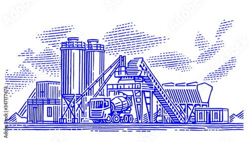 Concrete batching plant/cement mixing silo monochrome illustration, isolated, vector.