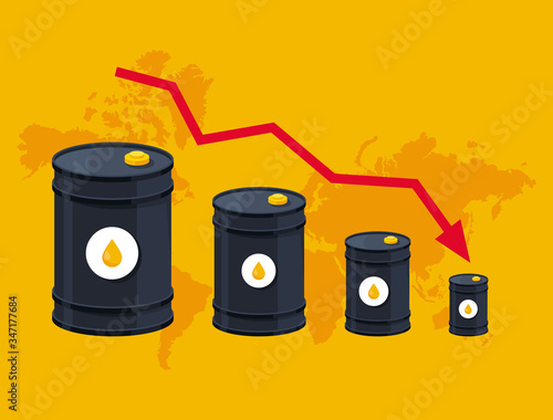 Oil price drop. Falling barrels. illustration of oil companies crisis vector. Petroleum industry concept.