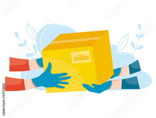 Package delivery in medical latex gloves. Fast express delivery during the epidemic. Safe delivery of parcel. Vector illustration.