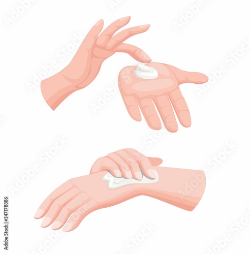 Smear cream hand lotion, cosmetic lotion cream for hand or body on woman hand in two step instruction. realistic cartoon illustration vector isolated in white background