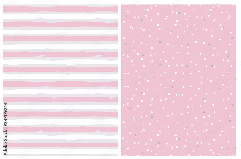 Seamless Vector Patterns with Irregular Tiny Dots and Horizontal Stripes. Striped Background. Light Pink and White Dotted Print. Hand Drawn Geometic Repeatable Layouts.