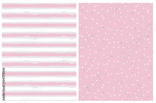 Seamless Vector Patterns with Irregular Tiny Dots and Horizontal Stripes. Striped Background. Light Pink and White Dotted Print. Hand Drawn Geometic Repeatable Layouts.