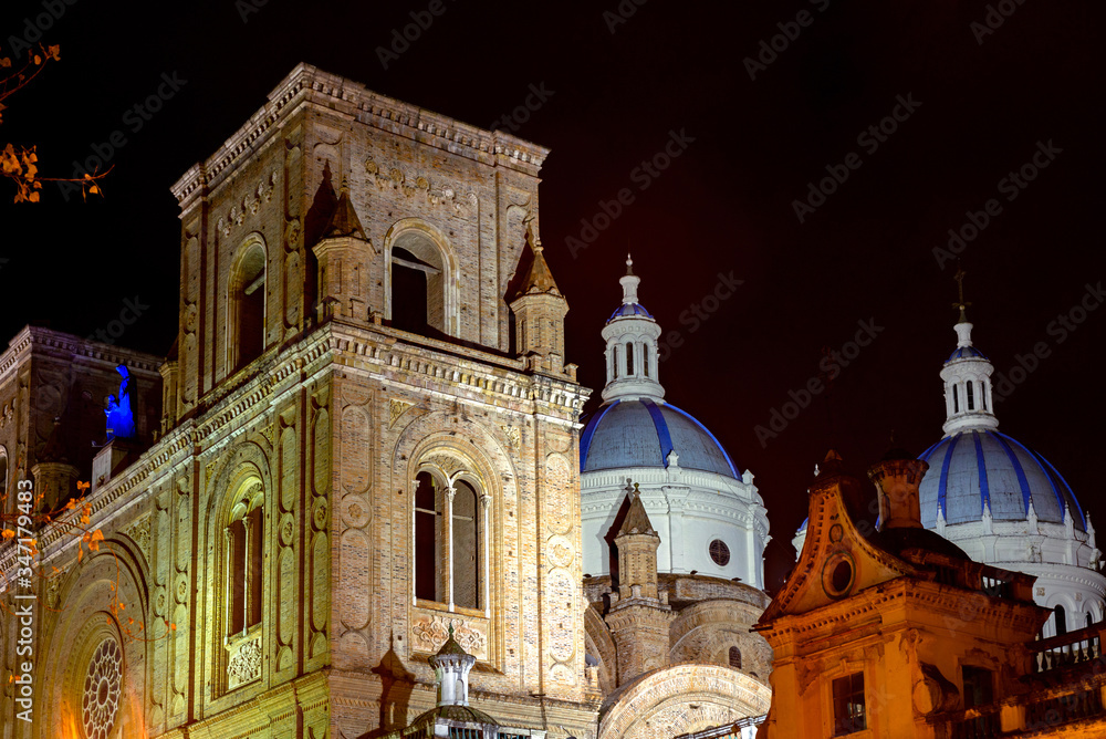 Obraz premium Cathedral of la Inmaculada Concepción, in downtown Cuenca, UNESCO World heritage site, Ecuador, at night.