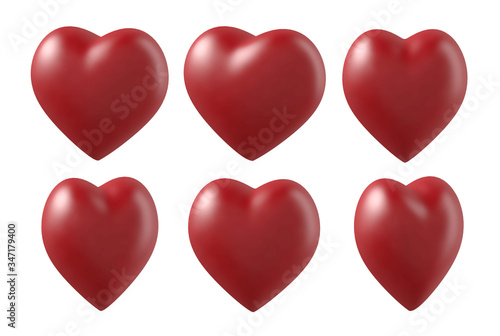 3d rendering in 6 sets of hearts, heart shape in different rotation, red hot sexy color, Valentine’s Day.