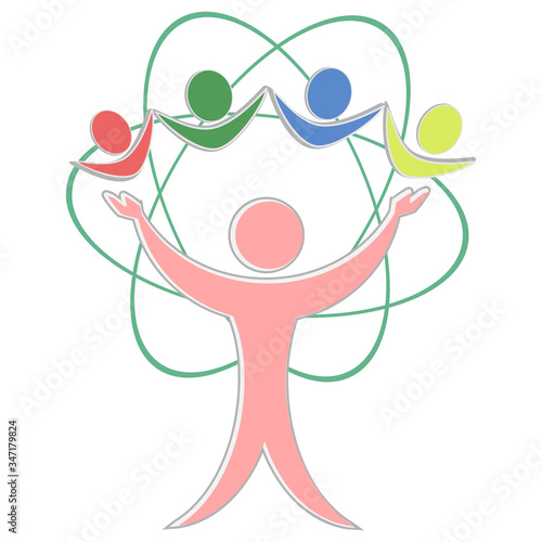 Baby Care logo template. A woman pulls her hands up to happy children. Motivation design human communication, unity, together, communication, attitude.