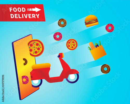 Concept of online delivery service, tracking online tracker, landing page. moped, smartphone, isometric, parcel delivery, stopwatch. Internet delivery, idea, vector (ID: 347179896)