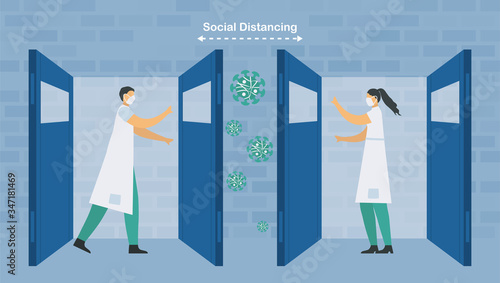 Social distancing of doctor and nurse. They help patients that infect with new coronavirus 2019. Save life. Vector illustration is in flat style.