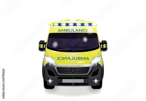 City ambulance with shadow. Varian UK. Front view from the point of view. illustration