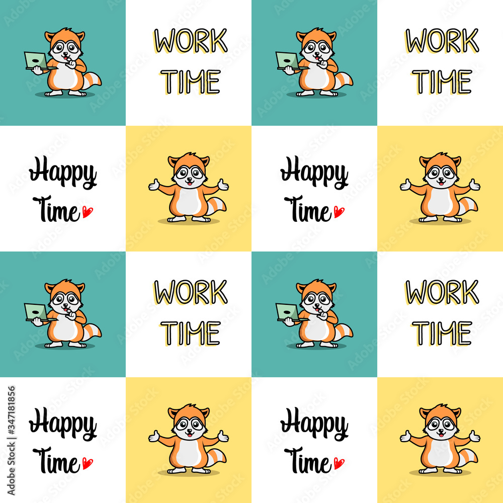 Seamless pattern with cute raccoon work time, happy time vector illustration