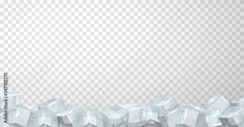 Border of ice cubes on transparent background. Bottom edging consisting of blocks of frozen water.