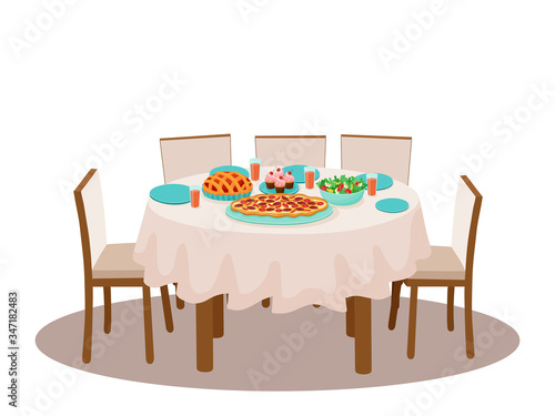 Vector illustration of table with meal for family dinner pizza, apple pie, cupcake, juice, salad