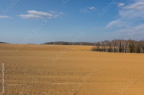 huge plowed field and blue sky