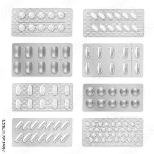 Set of medical blister pack for different shape medicaments realistic mockup, template.