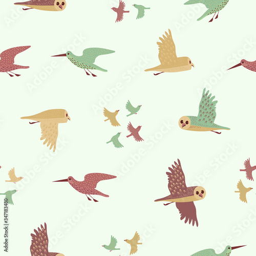 Owl, Sandpiper and Little birds seamless pattern. Color vector background.