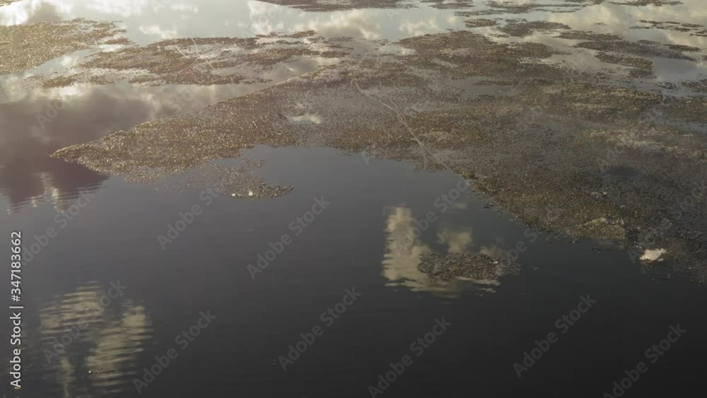 Melting ice floating on a calm lake at sunset AERIAL TOP DOWN CLOSE UP Melting ice floating on a calm lake at sunset AERIAL TOP DOWN CLOSE UP