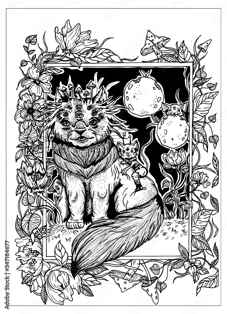 Obraz premium Magic forest cat, fairytale creature with a large beautiful fluffy tail and breast, with mushrooms growing on the head, with eyes and mustache, sit with mice among plants and flowers under the moons.