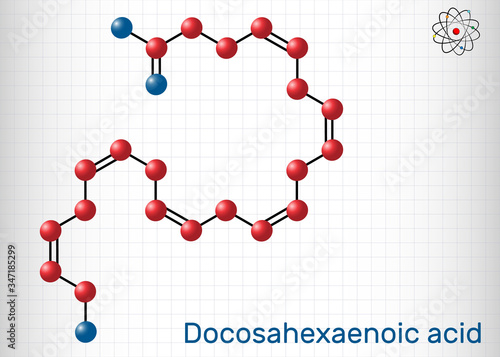 Docosahexaenoic acid, DHA, doconexent, cervonic acid molecule. It is omega-3 fatty acid. Sheet of paper in a cage