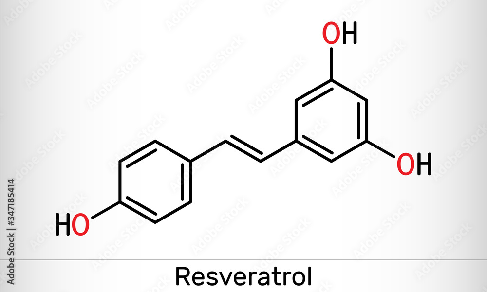 Resveratrol, trans-resveratrol molecule. It is stilbenoid, natural phenol, phytoalexin, antioxidant. Structural chemical formula Resveratrol, trans-resveratrol molecule. It is stilbenoid, natural phenol, phytoalexin, antioxidant. Structural chemical formula