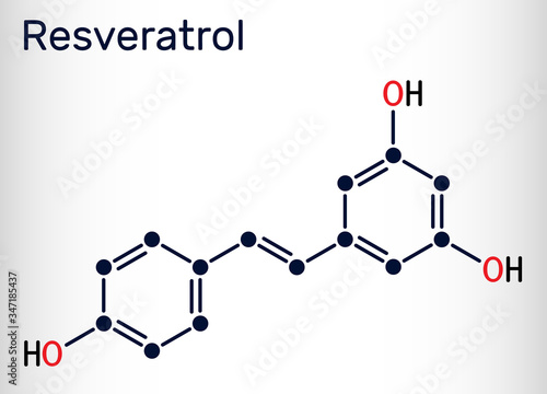 Resveratrol, trans-resveratrol molecule. It is stilbenoid, natural phenol, phytoalexin, antioxidant. Structural chemical formula