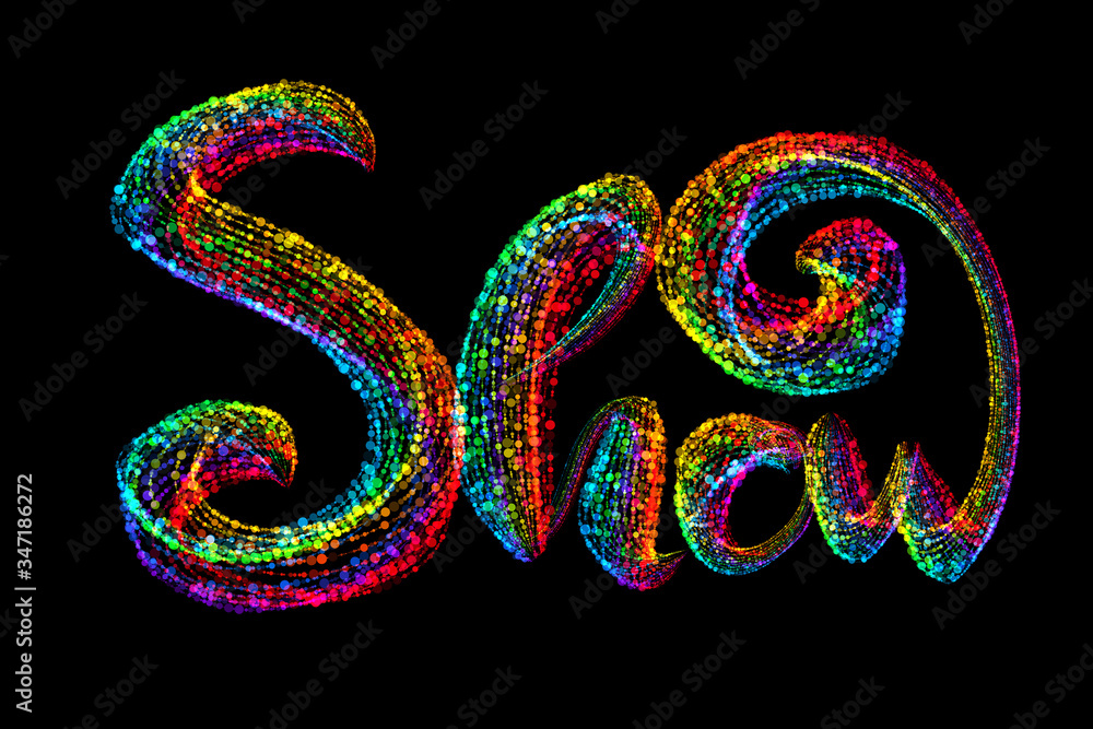Show word text logo made by colorful confetti parcles, beautiful typography suitable for brochure banner design isolated on black background