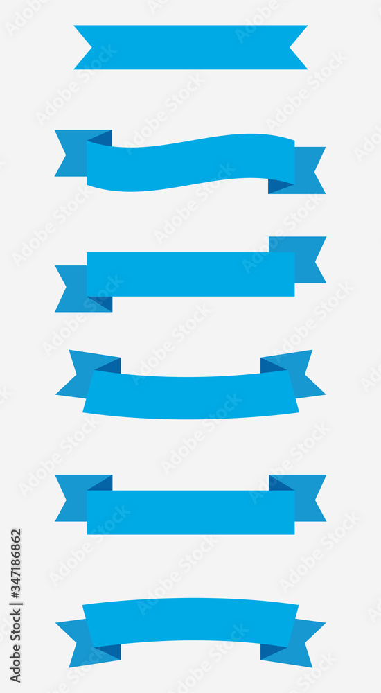 Set blue ribbons banners isolated on white background. Illustration set of blue tape. Collection flags, decorative elements, labels and streamers.