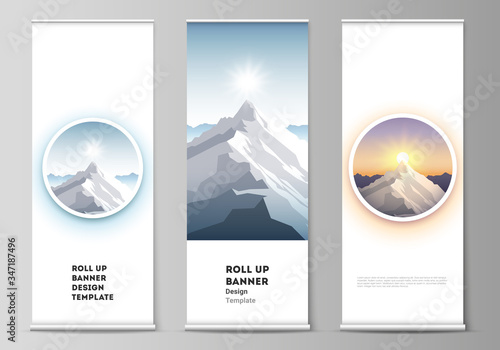 The vector illustration layout of roll up banner stands, vertical flyers, flags design business templates. Mountain illustration, outdoor adventure. Travel concept background. Flat design vector.
