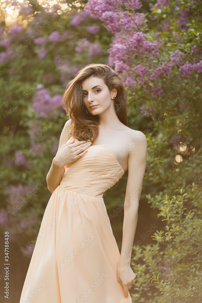 Romantic portrait of young beautiful girl standing in spring lilac garden Romantic portrait of young beautiful girl standing in spring lilac garden