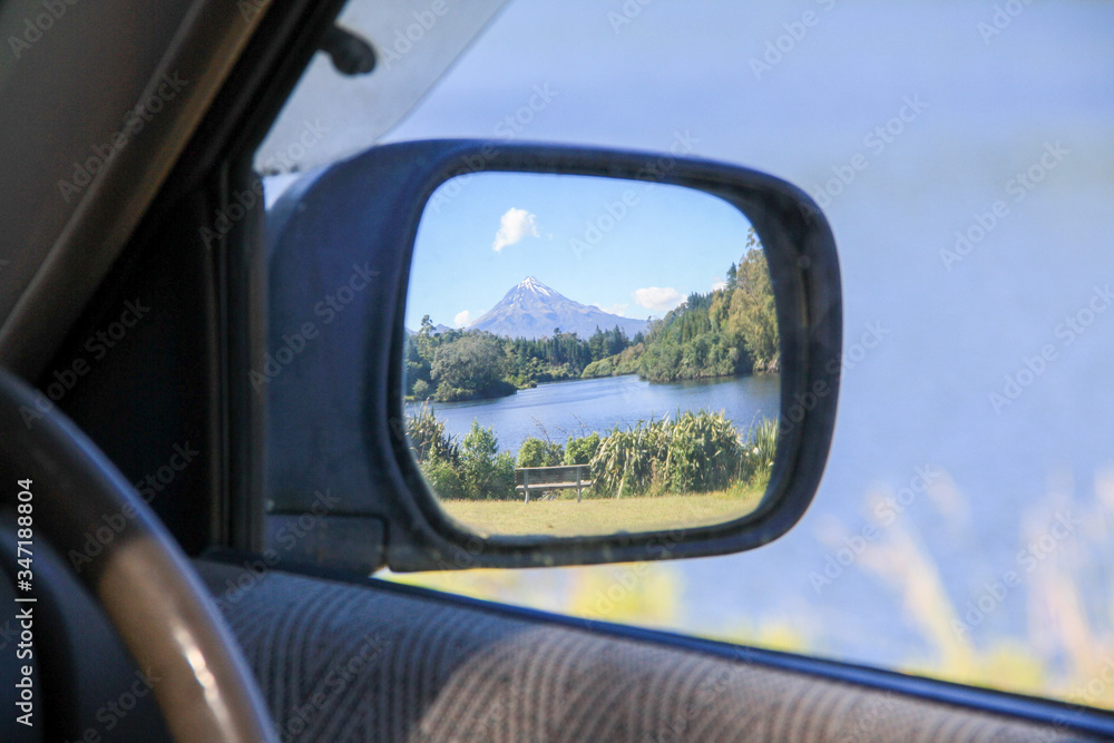 Mount Taranaki in a Side mirror, New Zealand