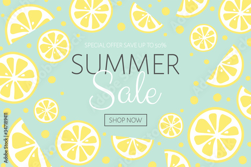 Summer Sale poster with juicy lemons. Vector