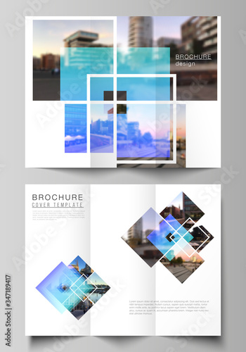 The minimal vector illustration of editable layouts. Modern creative covers design templates for trifold brochure or flyer. Creative trendy style mockups, blue color trendy design backgrounds.