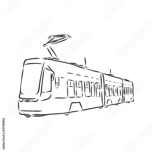 Isolated vector illustration of a tram. Public urban transportation. Hand drawn linear doodle ink sketch. Black silhouette on white background. tram vector sketch illustration