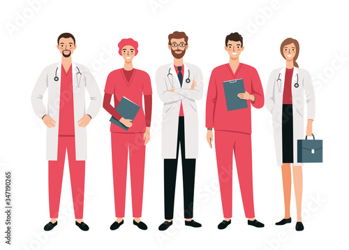 Set of doctors and nurses