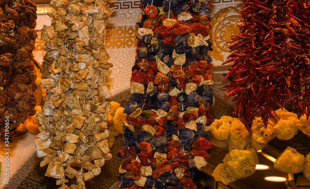 Dried vegetables hanging at the Grand Bazaar Turkey