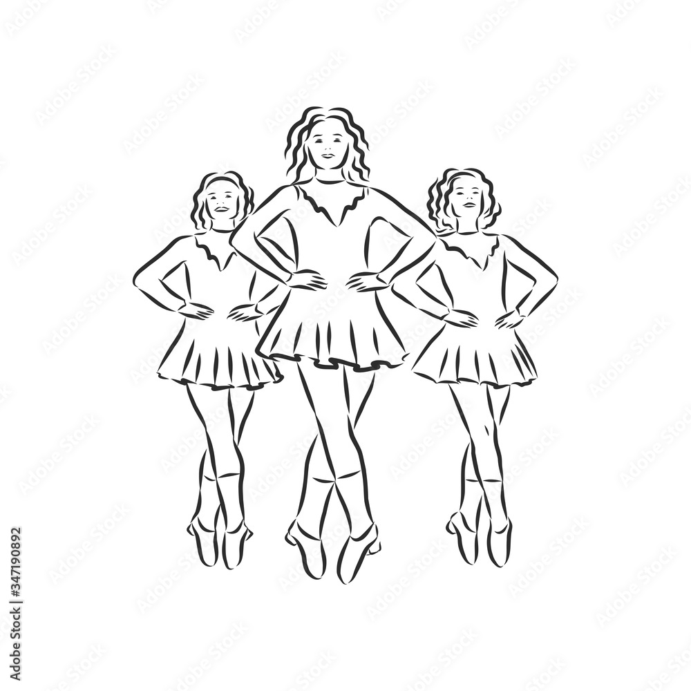 Irish Dance Troupe Jumping Together in Traditional Dresses and Ghillies. Irish dancing vector sketch illustration