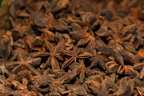 Macro shot of Badyan star anise spice at the market in India