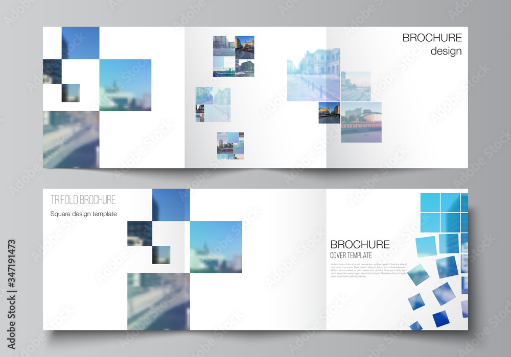 Vector layout of square format covers templates for trifold brochure, flyer, magazine, cover design, book design, brochure cover. Abstract design project in geometric style with blue squares. Vector layout of square format covers templates for trifold brochure, flyer, magazine, cover design, book design, brochure cover. Abstract design project in geometric style with blue squares.