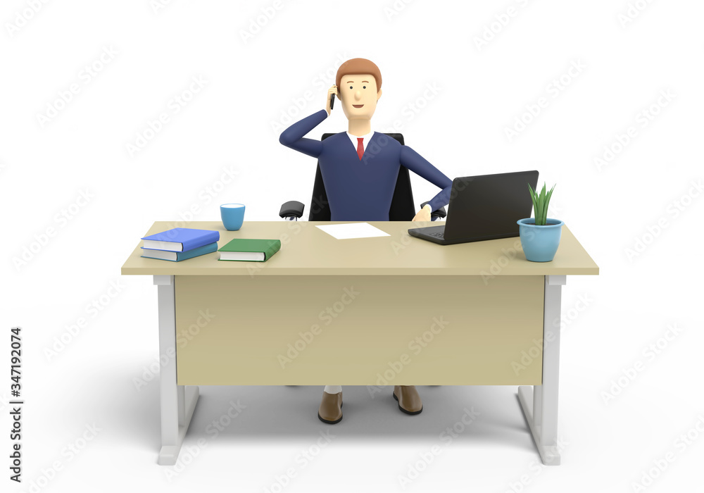 Businessman is talking on a cell phone sitting next to a desk on white background. 3D illustration Businessman is talking on a cell phone sitting next to a desk on white background. 3D illustration