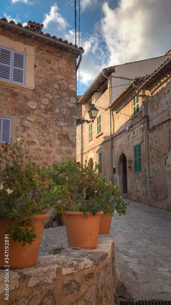 Picturesque townscape of Valldemossa, Majorca (Mallorca), Spain, with potted plants in the foreground.