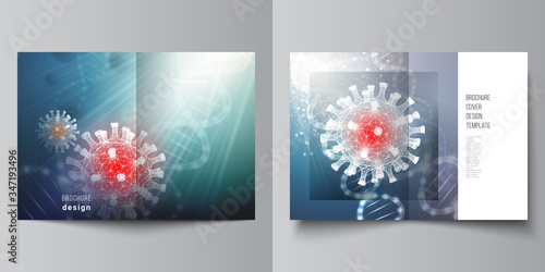 Vector layout of two A4 cover mockups templates for bifold brochure, flyer, magazine, cover design, book design. 3d medical background of corona virus. Covid 19, coronavirus infection. Virus concept.