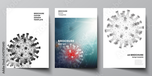 Vector layout of A4 cover mockups templates for brochure, flyer layout, booklet, cover design, book design. 3d medical background of corona virus. Covid 19, coronavirus infection. Virus concept.