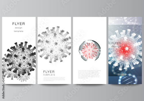Vector layout of flyer, banner design template for website advertising design, vertical flyer, website decoration. 3d medical background of corona virus. Covid 19, coronavirus infection. Virus concept