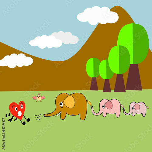 The red heart has sweat and herd elephants are coming in the forest.