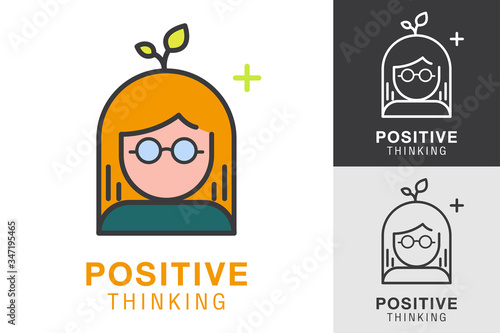 The idea of ​​logo design is a woman wears glasses with a plant on her leaf that is growing and grows positively thinking. Outline icon vector illustration. photo