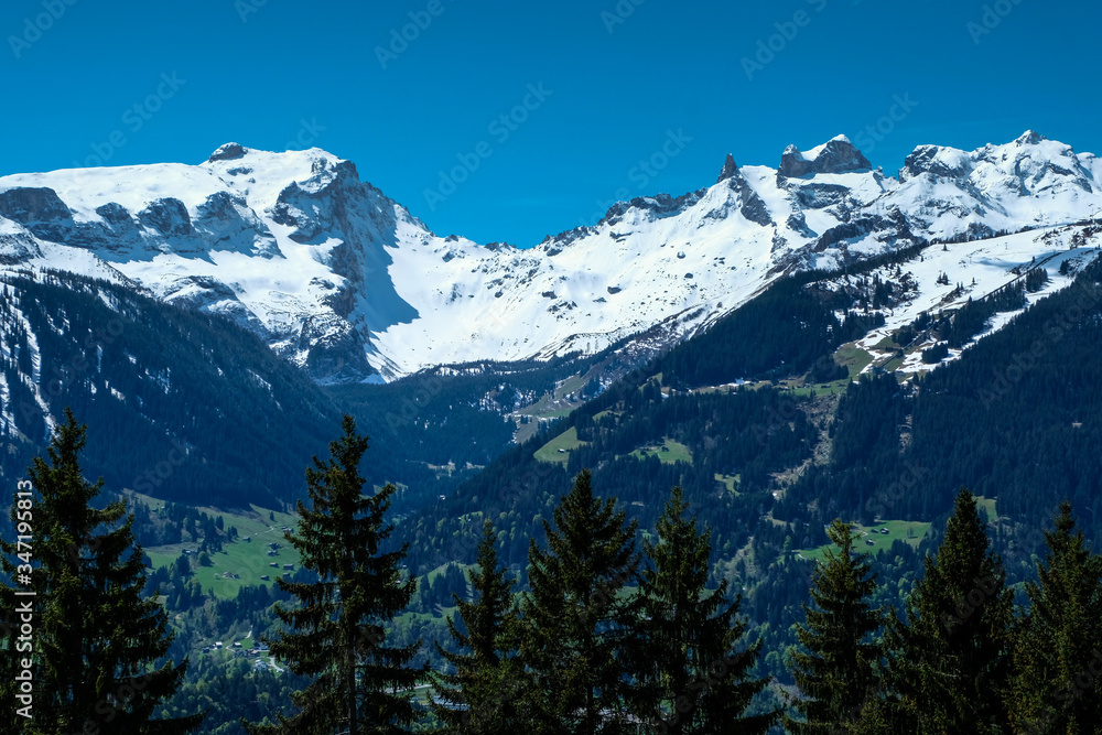 Mountain Landscape in Spring break, with snow on top of the Mountains, Vorarlberg, Montafon, Austria, Europe