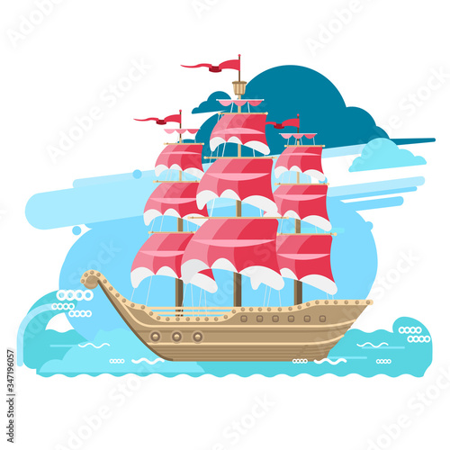 Beautiful big ship is floating on the water. Sailboat illustration
