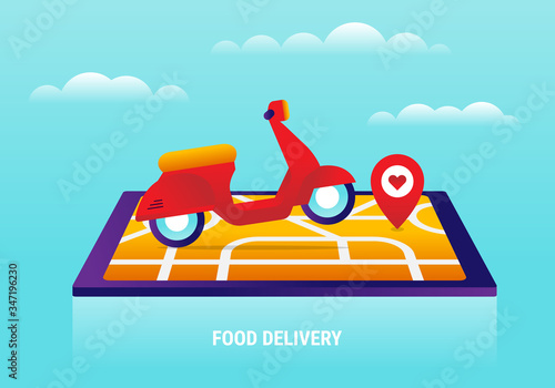 Concept of online delivery service, tracking online tracker, landing page. moped, smartphone, isometric, parcel delivery, stopwatch. Internet delivery, idea, vector (ID: 347196230)