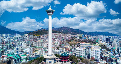 Photography Aerial view busan city skyline and skyscraper with busan tower, Yongdusan Park, Busan, South Korea
