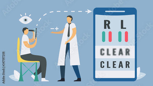 Eyesight testing with smartphone.New technology for vision checking. Health appilaction innovation. Vector elements isolated on blue background.