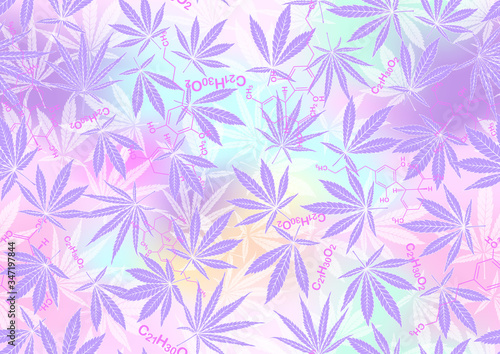 Cannabis leaves and cbd, cannabidiol formula seamless pattern, background. Vector illustration in light ultra violet pastel colors on mesh pink, blue background.
